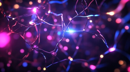 Aufkleber - Abstract close-up of a vibrant glowing neural network with interconnected branching lines of purple blue bright pink orange yellow nodes glowing effect