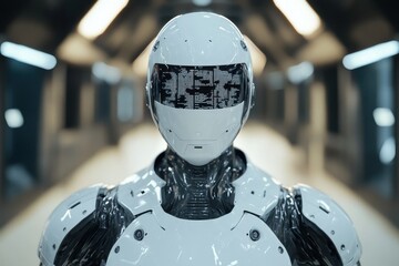 Poster - Futuristic humanoid robot with a digital display on its face in a sleek modern environment