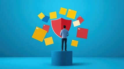 Poster - Voter standing before a digital shield symbol representing secure elections