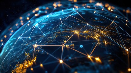 Poster - A stylized nighttime Earth globe with glowing lines connecting major cities, symbolizing global connectivity through illuminated networks and technology