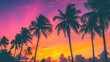 © Elena - Colorful tropical beach scene with palm trees silhouetted against vibrant sunset sky.