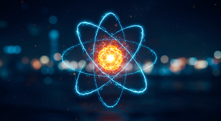 Poster - Abstract Glowing Atom Model with Blue Orbitals Against a Blurred Urban Nightscape