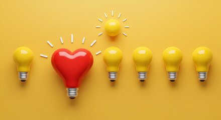 Poster - Bright Conceptual Art with Red Heart Lightbulb Among Yellow Lightbulbs on Yellow Background