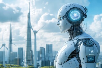 Poster - Futuristic robot gazes at a modern skyline with wind turbines under a bright sky