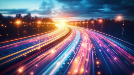 Poster - Vibrant stylized highway scene at sunset with multicolored light streaks depicting high speed and futuristic technology in motion and advancement imagery