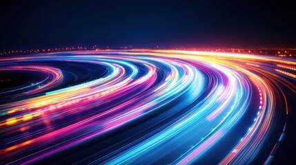 Poster - abstract vibrant swirling light trails creating concentric circles against a dark night sky with dis