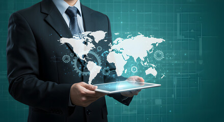 Poster - Confident Businessman Holding Digital Tablet with Holographic World Map Over Blue Futuristic Background