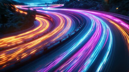 Poster - Long-exposure nighttime photograph showcasing vibrant vehicle light trails along a winding mountain road creating a stunning visual of motion and color