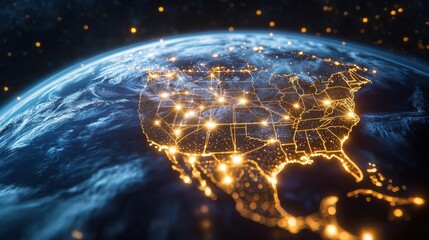 Poster - nighttime digital rende of north america highlighting illuminated cities and the network of lights a