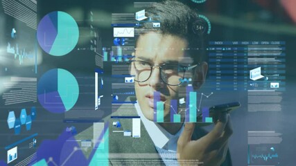Poster - Analyzing financial graphs, businessman using animation tools in modern office