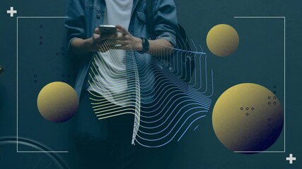 Poster - Person using smartphone with abstract wave and sphere animation overlay