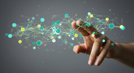 Poster - Human Hand Touching Abstract Green and Yellow Plexus Network on Gray Backdrop