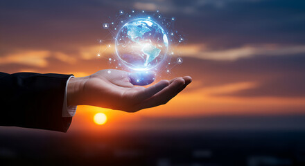 Poster - Illuminated World Globe Held by Businessman Hand at Sunset with Dark Suit and Future Technology Concept