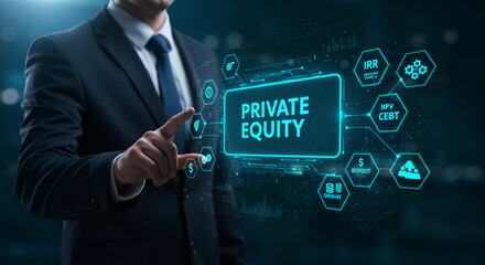 Poster - Man in Dark Blue Suit Pointing to Private Equity Neon Text on Futuristic Digital Screen
