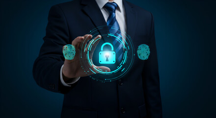 Poster - Man in Suit Gesturing Towards a Luminous Cyan Padlock on Dark Blue Background