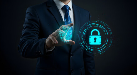 Poster - Man in Suit Activating Digital Fingerprint Security with Blue Padlock on Black Background