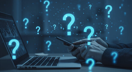Poster - Person Using Smartphone with Question Marks Over Laptop Displaying Charts and Graphs in Blue