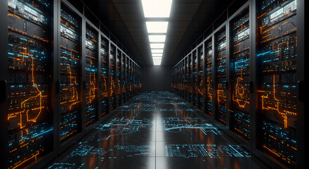 Poster - Server Room With Rows of Rack Servers Data Storage Illuminated by Blue and Orange Lights