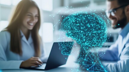 Poster - Smiling woman and man collaborating on laptop with digital brain symbolizing artificial ligence and cognitive processes for innovative teamwork.