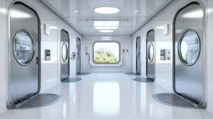 Poster - A Sterile Futuristic Hallway Featu Stainless Steel Doors, Circular Portholes and a Large Square Window with a View of Nature and Trees Outside