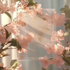 Aufkleber - Soft Pink Blossoms Framing Sunlight, With a Clear Rectangular Object for Background or Product Space.