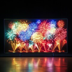 Aufkleber - Vibrant Fireworks Display on a Modern Television Set, Reflecting on a Polished Surface in a Dark Room