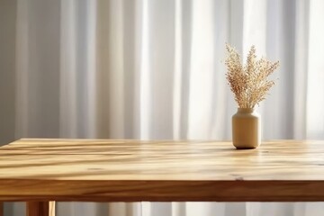Aufkleber - Serene minimalist still life with dried flowers in a vase on wooden table against curtain backdrop calm soft lighting