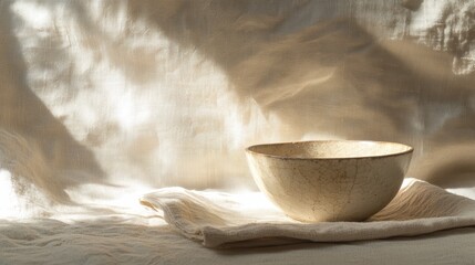 Aufkleber - Elegant Ceramic Bowl on Beige Linen Fabric a Study in Texture Light and Shadow Natural and Peaceful Still Life