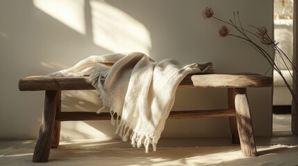 Aufkleber - Rustic Wooden Bench with Beige Linen Throw and Dry Floral Decor in Soft Natural Light Studio Setup