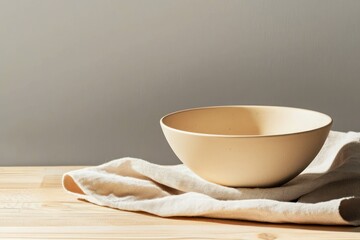 Poster - Ceramic bowl on wooden table with natural linen cloth minimalist modern dining table setting