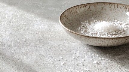 Poster - Minimalist fine sea salt in a ceramic bowl on light concrete background for wellness and lifestyle theme