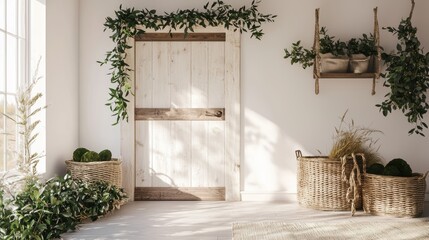 Poster - Rustic Farmhouse Interior with Wooden Door Foliage Hanging Shelf and Natural Light  Peaceful Home Decor