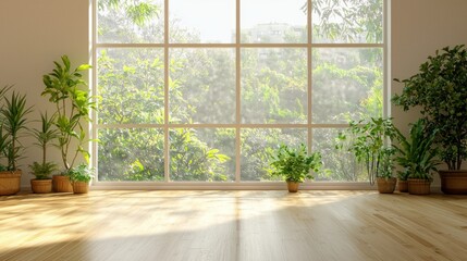 Poster - Bright Interior Space with Natural Light streaming through large window and indoor plants in wooden pots