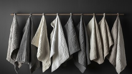 Aufkleber - Rustic Elegance of Linen Towels on Wooden Rod Gray Wall Harmony Neutral Tones Natural Light Home Décor Serene Fabric Design Textile Art