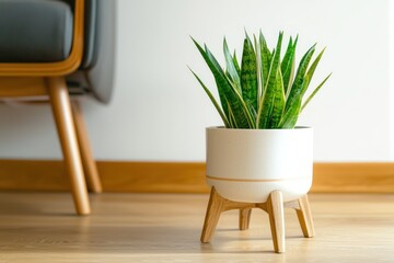Poster - Serene snake plant in pot on modern wooden floor with chair home interior bringing vibrant green indoors