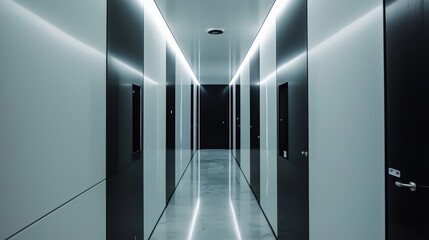 Poster - Sleek Monochrome Corridor with Modern Illumination Architectural Design and Geometric Visual Perspective Elegant Atmosphere and Clean Composition