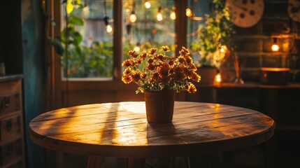 Aufkleber - Rustic table adorned with vibrant flower arrangement in warm sunset light bohemian inspired home decor