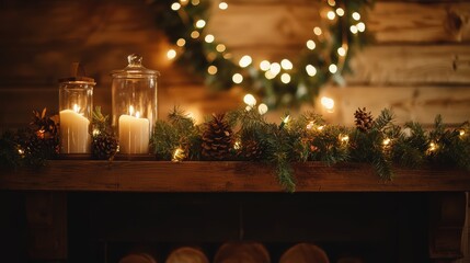 Aufkleber - Rustic Christmas Mantel Decoration with Candles Pine Cones and Cozy Lights creating a Warm Holiday Atmosphere