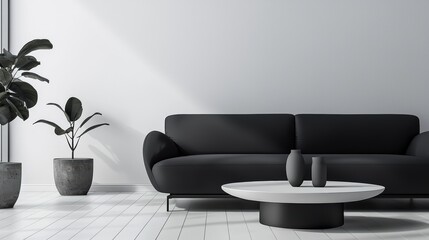 Poster - Serene Living Room with Black Couch Elegant Vases and Natural Light Minimalist Interior Modern Home Style Relaxing Apartment