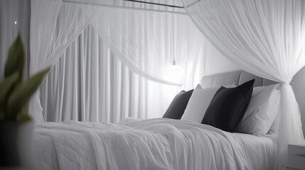 Poster - Serene canopy bed with white linens and black accent pillows minimalist aesthetic for luxury bedding design