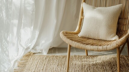 Poster - Cozy Interior Scene with Rattan Chair Soft Pillow and Natural Rug by Window in Neutral Tones