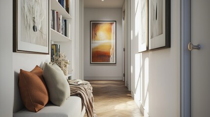 Poster - Warm artistic hallway view cozy seating arrangement bookshelf pillows and abstract paintings serene ambience