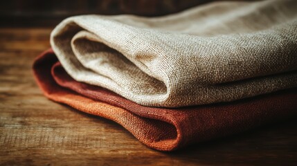 Aufkleber - Rustic elegance showcasing stacked linen cloth in natural light studio setting beige and russet tones