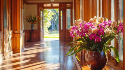 Poster - Interior elegance orchids adorn wooden hallway open door beckons garden tranquility floral beauty