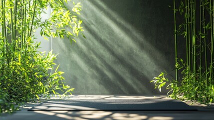 Poster - Serene bamboo forest ambiance sunlight meditation mat nature's harmony calm scene light and shadows background