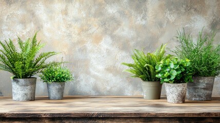 Aufkleber - Potted Ferns and Green Plants on a Wooden Table with a Textured Wall Neutral Setting Fresh Mood