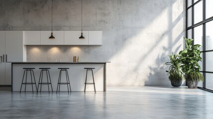 Poster - Modern apartment interior with concrete wall plants kitchen bar stools and natural light