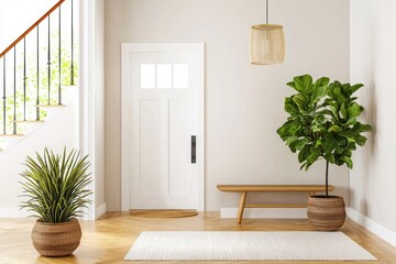 Poster - Bright Entryway with Natural Light Fiddle Leaf Fig Tree Bench and Staircase Inviting Home Ambiance