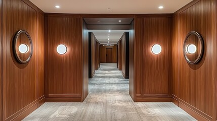 Poster - Interior hallway with wooden panel walls round lights and patterned carpet modern design perspective view