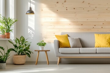 Poster - Bright interior living space design with gray sofa yellow pillows potted plant and wooden wall